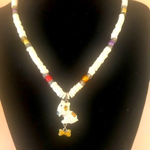 Cute beaded necklace with dog & bone pendant. 16 inches long. 8 inch drop